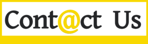 a yellow, black, and white contact us logo using an @ sign in place of the "a."
