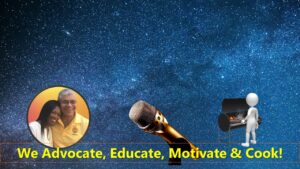 Against a starry night background, we see images of Jeffrey and Shannon Sapp, a microphone, and a figure cooking on a gril. We Advocate, Motivate, Inspire and Cook!