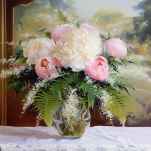 florals - artificial flowers include pink and white peonies in various states of bloom, with green ferns in a clear vase.