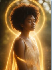 AI by N Wyatt Black Woman in her Golden Aura overcoming Hypervigilance
