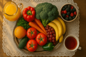 Fruits, veggies, tea, and juice on display on a lace tablecloth