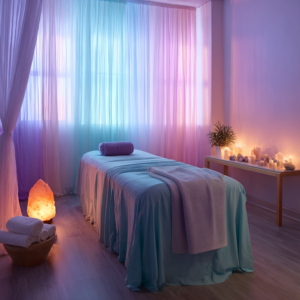 Reiki room with massage table, chiffon curtains, salt lamps to Calm Your Mind
