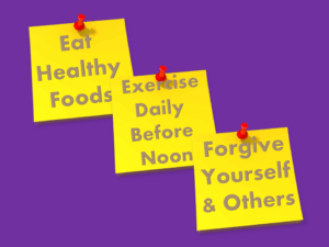 Habit Change - yellow sticky note reminders, pinned with red map pins on a purple background
