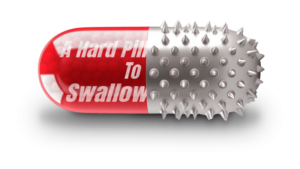 Caregiving means things like it has some hard pills to swallow. a red pill with prickly points sticking out of it.