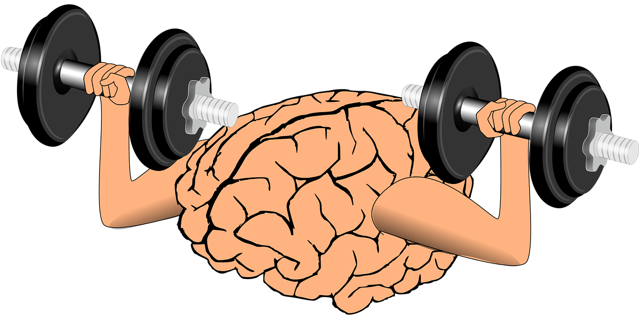 illustration of a chemo brain "pumping iron" with hand weights