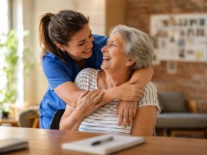 Caregiver helping Woman with writing. A daughter can do this with a Personal Care Agreement if the family can pay for the services.