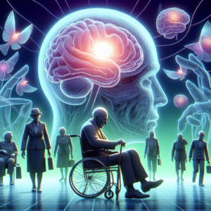 Dementia-Flights of FantasyImage depicts man in a wheelchair with his head and brain floating outside the body as he deals with dementia.