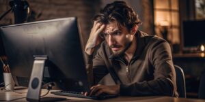 man sitting at computer with head in hand looking worried due to caregiver burnout