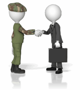military figure shaking hands with business figure