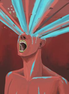 This is an image of a person depicting stress and frustration that with rays of blue and red energy coming from the top of their head.