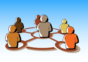 illustration of a person in the center surrounded by community and communications