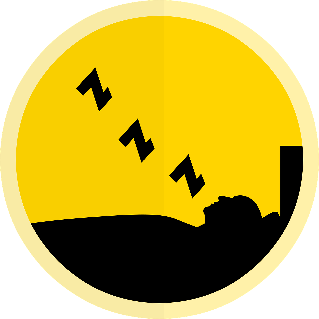 Black silhouette of a person sleeping making ZZZZS on a yellow background