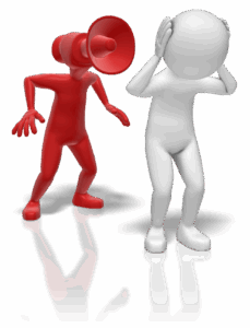 red figure w/bullhorn yelling in anger at another figure with hands over ears
