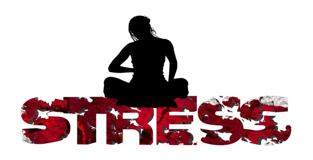 regarding caregiver burnout, we see a silhouette of a person sitting on red capital letters spelling stress