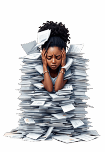 woman angry and frustrated at feeling overwhelmed and buried in paperwork