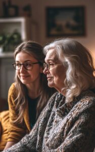 Younger woman with glassesand an older woman with glasses working on their estate planning