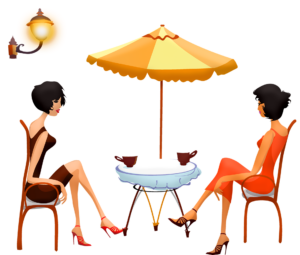 illustration of 2 women having coffee at a bistro outdoor table with a yellow umbrella to shade them