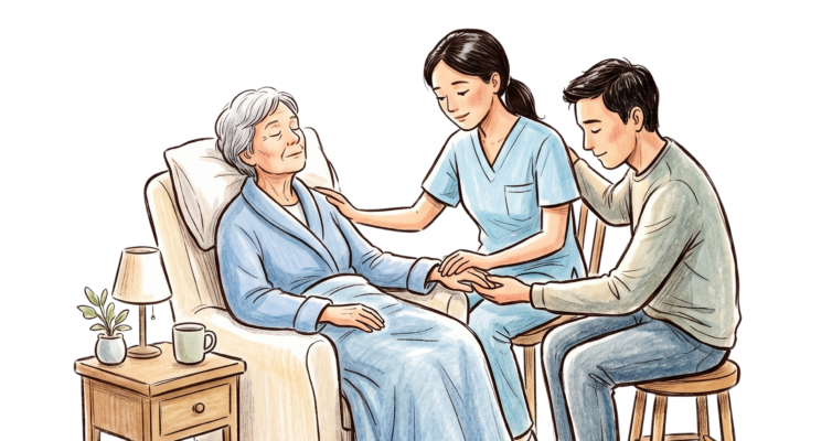 caregiving means letting go when the time comes. Two people sit with a woman in her last hours