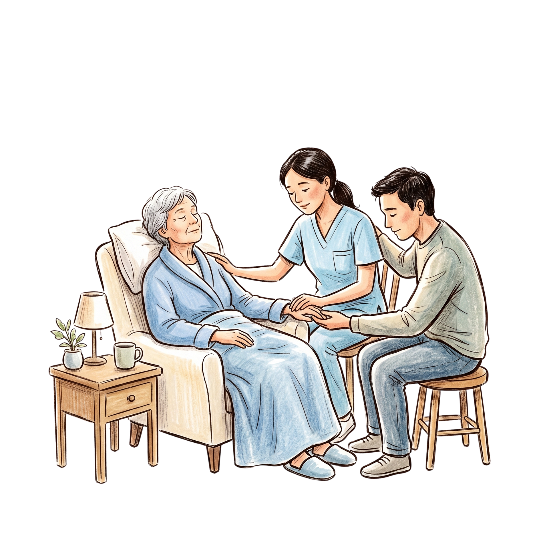caregiving means letting go when the time comes. Two people sit with a woman in her last hours