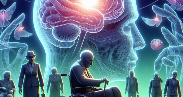Dementia-Flights of FantasyImage depicts man in a wheelchair with his head and brain floating outside the body as he deals with dementia.