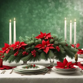 A winter holiday tablescape of poinsettias and white candles for the Helpful Holiday Suggestions blog